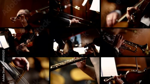 collage multi-screen symphony orchestra playing classical music at a concert photo