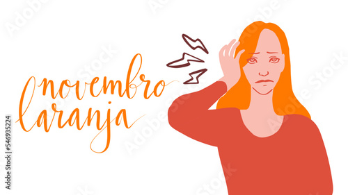 Novembro Laranja translation from portuguese November Orange, Brazil campaign for tinnitus awareness. Caucasian woman holding to her ear illustration vector