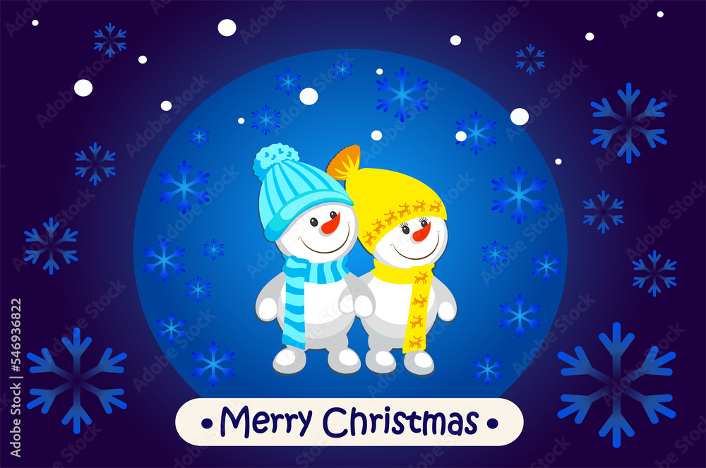 Naklejka premium Merry Christmas, merry snowmen. Landscape. Greeting card. Blue background.
