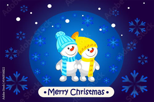 Merry Christmas, merry snowmen. Landscape. Greeting card. Blue background.
