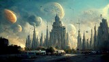 alien cityscape, moons behind design illustration