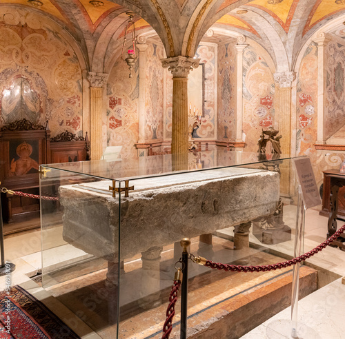 Saint Geminianus tomb in the crypt of Modena Cathedral (Italian: Duomo di Modena) is a Roman Catholic cathedral in Modena, Italy, dedicated to the Assumption of the Virgin Mary and Saint Geminianus