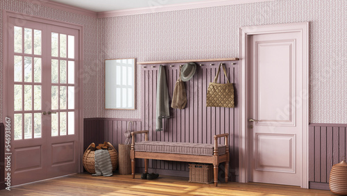 Farmhouse hallway in white and red tones. Wooden bench and coat rack. Glass entrance door, vintage interior design