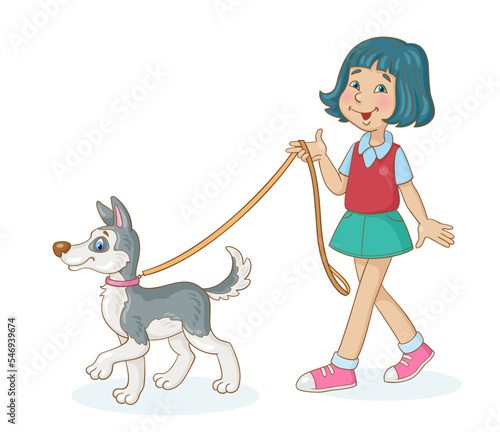 Cute girl is walking with a funny puppy dog on a leash. In cartoon style. Isolated on white background. Vector illustration