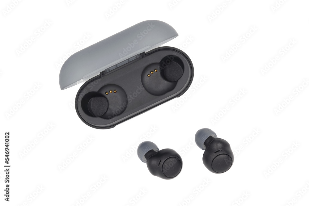 Wireless bluetooth headset with two buds. Image of wireless headphones with open box cover. black wireless headphones on a white background. Wireless bluetooth headset with two buds. Image of wireless headphones with open box cover. black wireless headphones on a white background.