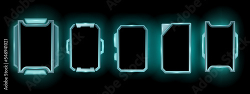 Sci-fi game frame set, vector space HUD border, neon cyber UI screen, hi-tech stream background. Futuristic technology monitor kit, space ship modern interface. Rectangle window game frame template