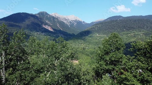 Areal drone footage from Karpenisi area, into the mountains and lake.