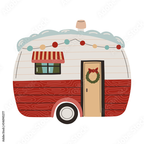 Christmas decorated trailer. Hand drawn winter illustration