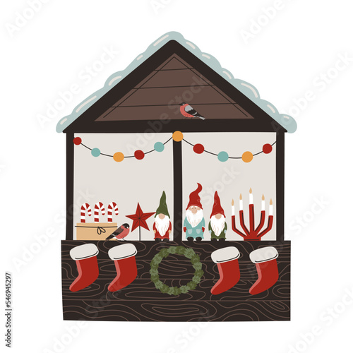 Wooden Christmas stall or market. Hand drawn winter illustration