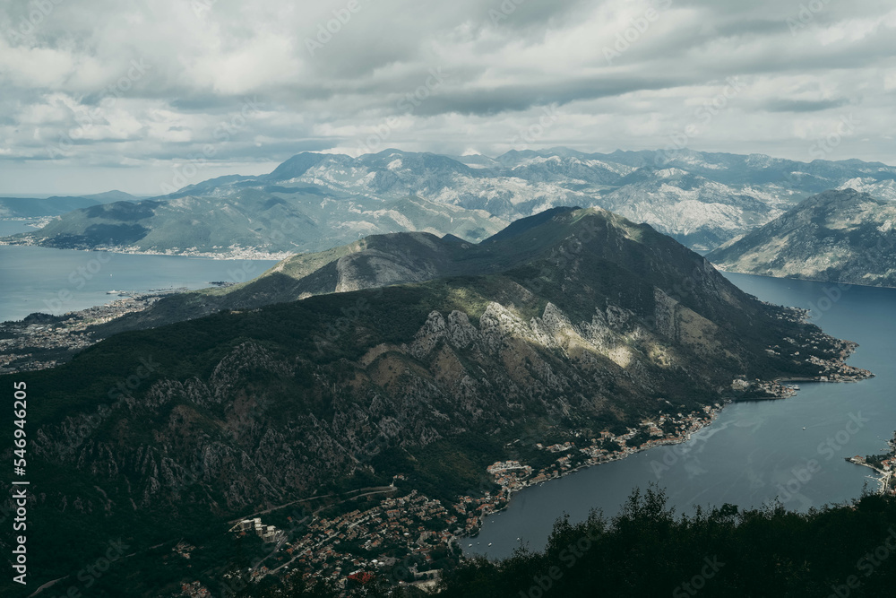 Picturesque view of the Bay of Kotor and mountains. Top view.