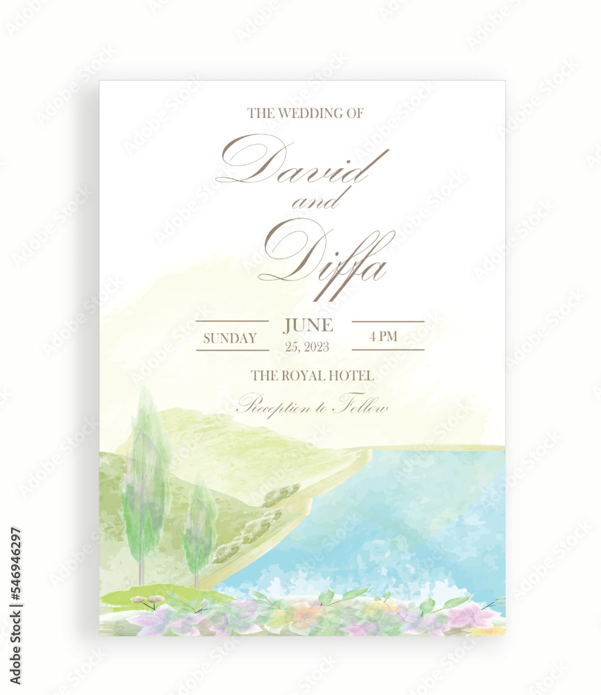 wedding invitation with scenery theme and watercolor elements