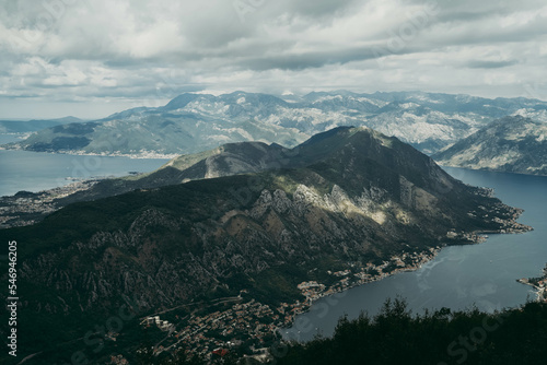 Picturesque view of the Bay of Kotor and mountains. Top view.