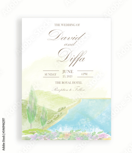 wedding invitation with scenery theme and watercolor elements