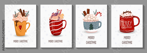 christmas card set with cute winter mugs. Drawn mugs with cocoa and hot chocolate, decorated with cinnamon sticks, cream and Christmas caramel. Cozy winter illustration in vintage style. Hygge style.