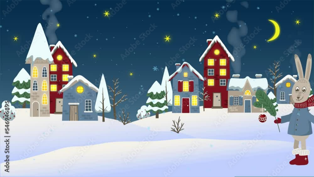 2d flat animation of Christmas winter background with hare or rabbit with new year tree. Transparent transition at the start. 2d flat animation of Christmas winter background with hare or rabbit with new year tree. Transparent transition at the start.