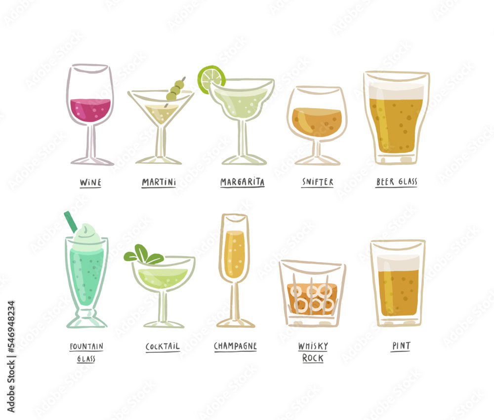 variation of drink glasses with beverage variation of drink glasses with beverage