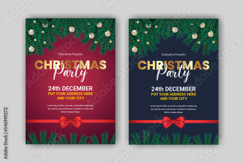 Christmas party flyer or poster design template decoration with pine branch and Christmas ball
