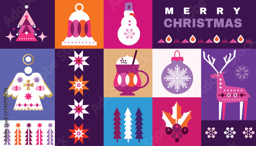 Merry Christmas and Happy New Year Christmas decoration Holiday winter background Vintage template design with deer, tree, ball-toy, snowflake, Vector illustration