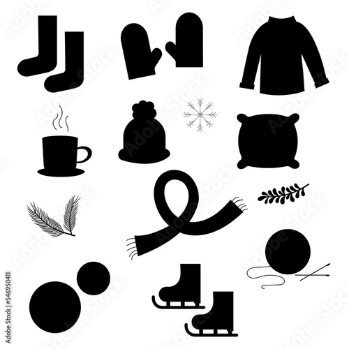 Collection of silhouettes of winter elements. Hygge style. Vector