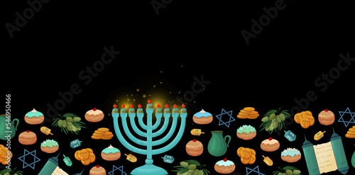 Hanukkah background. Happy Hanukkah banner. Jewish Holiday greeting card template. Hanukkah menorah with candles, dreidels, olive, donuts, Torah, David's star, Sufganiyot donuts. Menorah lights.
