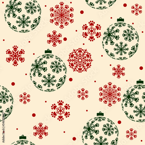 Christmas ornaments  paw prints seamless  pattern