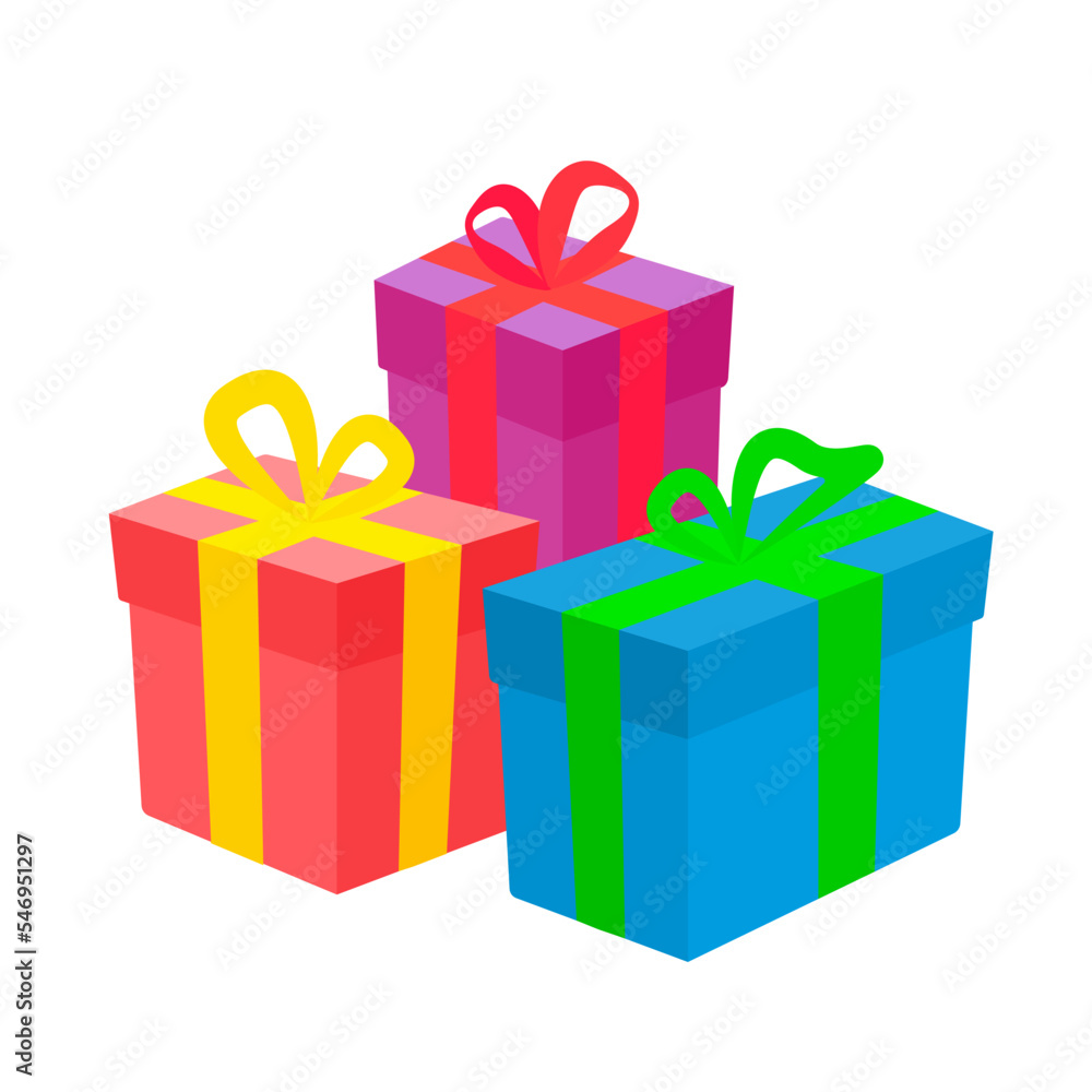 Gift boxes, presents with ribbon isolated on white. Vector colorful wrapped in flat style. Concept for Birthday, Christmas, Sale, shopping. Gift boxes, presents with ribbon isolated on white. Vector colorful wrapped in flat style. Concept for Birthday, Christmas, Sale, shopping.