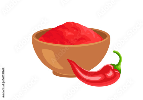 Red chili pepper powder in bowl isolated on white background. Vector cartoon flat illustration of spicy spice.