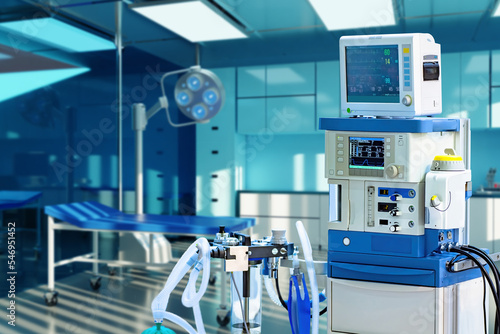 Equipment for anesthesia. Operating room in hospital. Modern surgical equipment. Technology leading patient into anesthesia. Anesthesia control equipment. Medical machine with heart monitor. 3d image