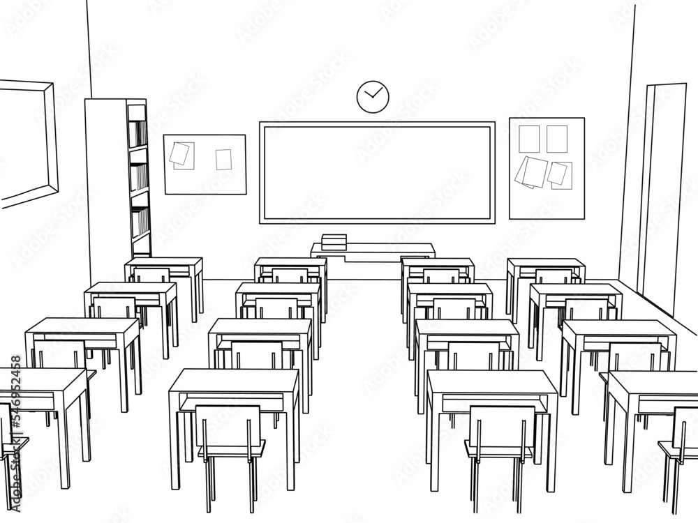 Classroom, Empty school classroom, 3d rendering interior illustration, Back to school design template.