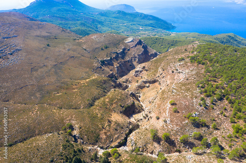 Aerial view of Jacobs Canyon. Brown massive stones and rocks in mountain canyon. Located between Siana and Embona. Rhodes, Greece. photo