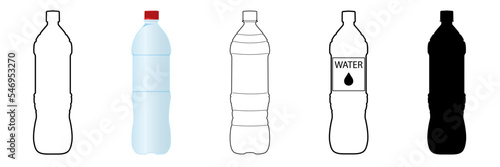 Set of plastic bottles drawn in different styles: contour, silhouette, black & white, with label, and drawing