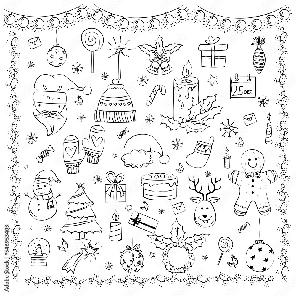 Set of Christmas design element in doodle and vintage style vector