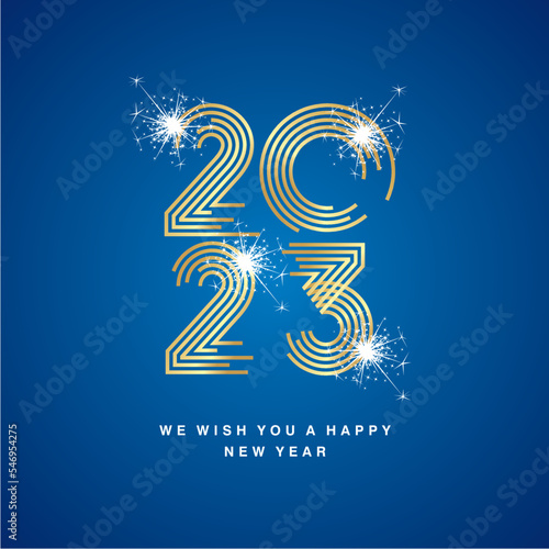 Happy New Year 2023 modern new trendy golden pop line design typography abstract numbers white sparke firework logo icon blue background vector