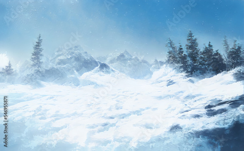 Christmas Fantastic Winter Epic Landscape of Mountains. Celtic Medieval forest. Frozen nature. Glacier in the mountains. Mystic Valley. Artwork sketch. Gaming RPG background. Game asset. 