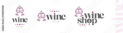Set of wine shop and winery logos with toasting glasses.