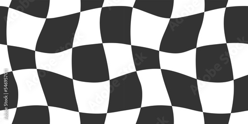 Black and white trendy checker board square seamless pattern illustration. Distorted geometric square background in vintage psychedelic y2k style. 
