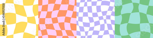 Colorful trendy checker board square seamless pattern collection. Set of geometric pastel square background in vintage psychedelic y2k style. 