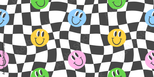 Colorful trendy checker board square seamless pattern illustration with funny faces. Distorted geometric square pastel color background in vintage psychedelic y2k style. 