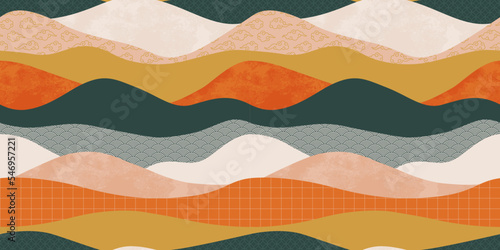 Colorful mountain landscape seamless pattern illustration. Abstract hill nature background print in vintage colors. Panoramic travel backdrop, multicolor outdoor texture concept.