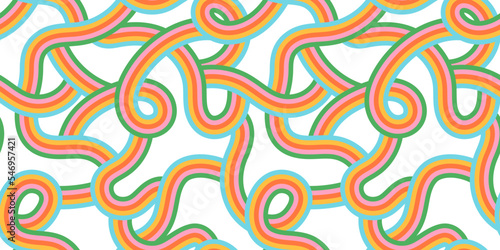 Retro 60s style rainbow seamless pattern with pastel color stripes. Vintage psychedelic wave cartoon background. Trendy hippie 70s stripe print illustration.