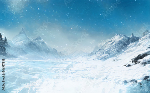 Christmas Fantastic Winter Epic Landscape of Mountains. Celtic Medieval forest. Frozen nature. Glacier in the mountains. Mystic Valley. Artwork sketch. Gaming RPG background. Game asset.   © Abstract51