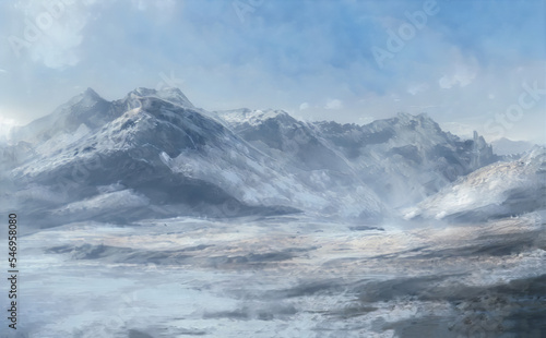 Christmas Fantastic Winter Epic Landscape of Mountains. Celtic Medieval forest. Frozen nature. Glacier in the mountains. Mystic Valley. Artwork sketch. Gaming RPG background. Game asset.   © Abstract51