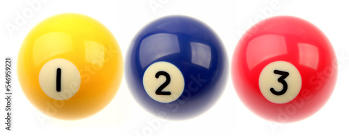 Three pool balls on plain background