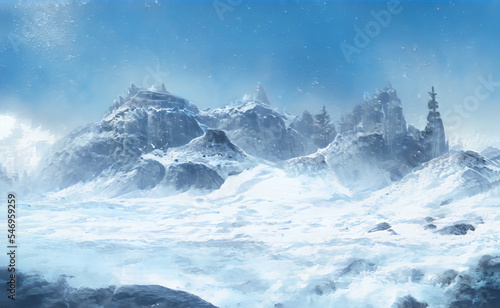 Christmas Fantastic Winter Epic Landscape of Mountains. Celtic Medieval forest. Frozen nature. Glacier in the mountains. Mystic Valley. Artwork sketch. Gaming RPG background. Game asset. 