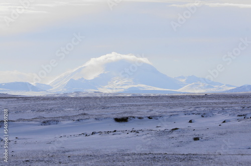 Snowy Northern Iceland - panoramic view from the junction of the ring road (road 1) and road 85 photo