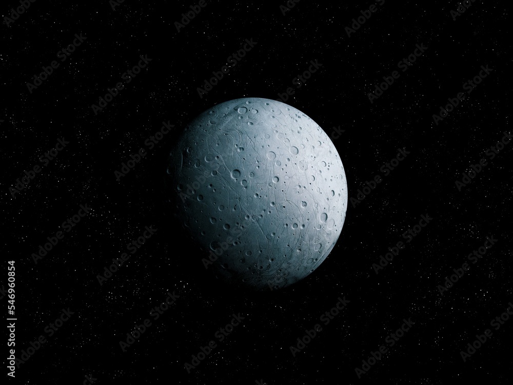 The surface of the stone satellite with impact craters. Large planetary moon without atmosphere on a black background with stars.