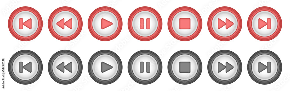 Red and black round music control buttons set. Play, pause, rewind, stop and forward icons