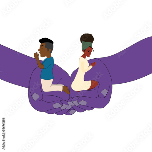 Man and Woman pray together in Jesus's hand