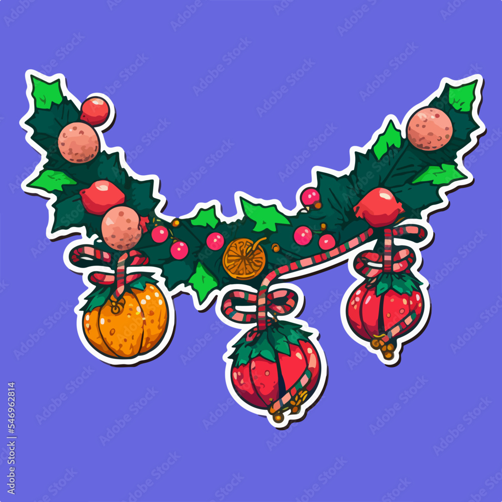 Christmas garland cartoon sticker, xmas omela stickers elements. Winter holidays