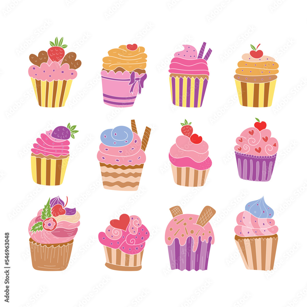 Variety of colorful and delicious cupcakes and yogurt illustrations Variety of colorful and delicious cupcakes and yogurt illustrations
